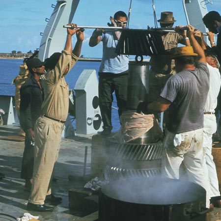 Seychelles, 1971 [Men working on equipment on R/V Melville]